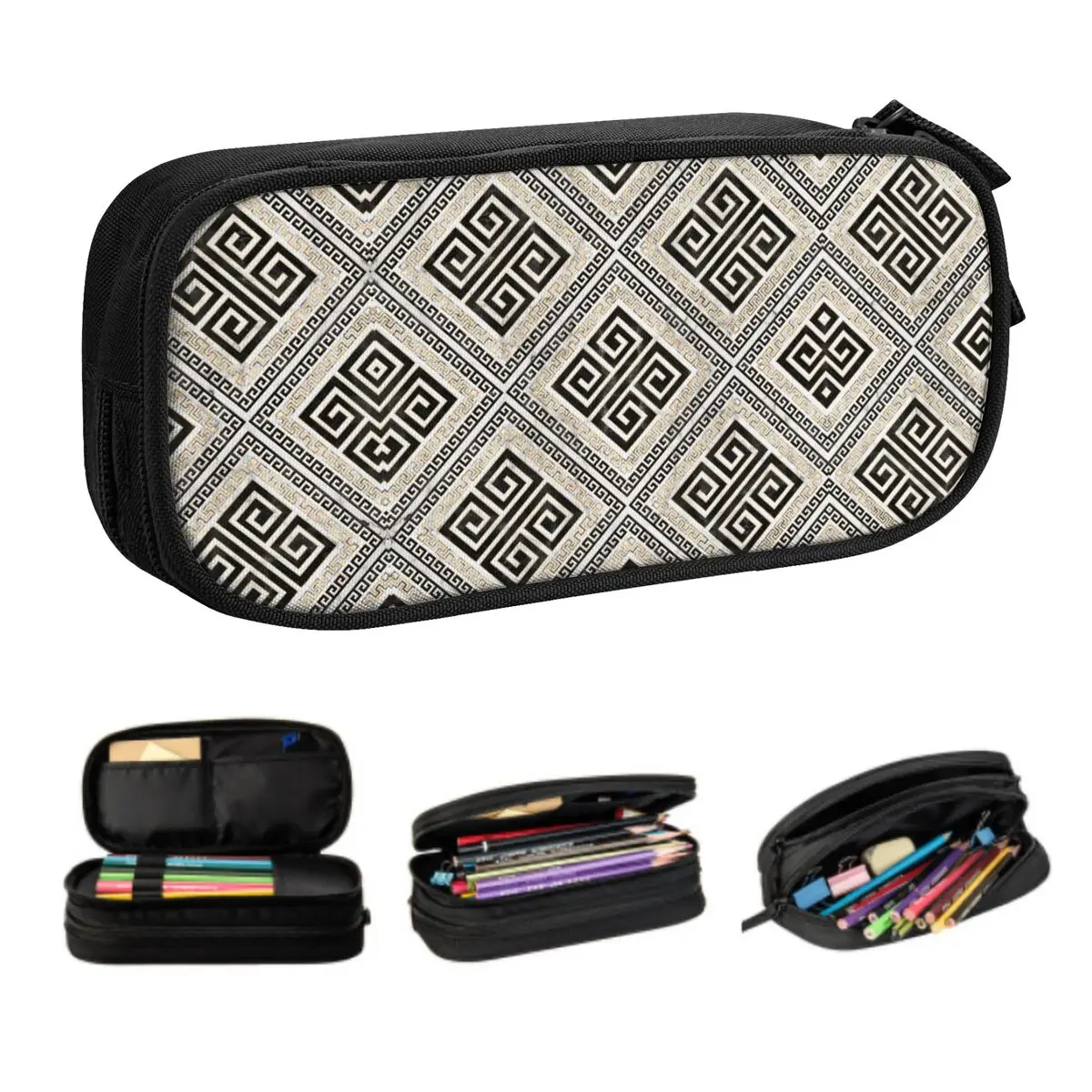 Customized Greek Key Kawaii Pencil Cases Boy Girl Large Capacity Meander Black And White Marble Pencil Bag School Accessories