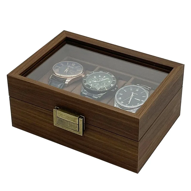 [Retro Edition] Stock Wooden Transparent Glass Window Watch Jewelry Storage Display Box Black Walnut Wooden Watch Collection Box