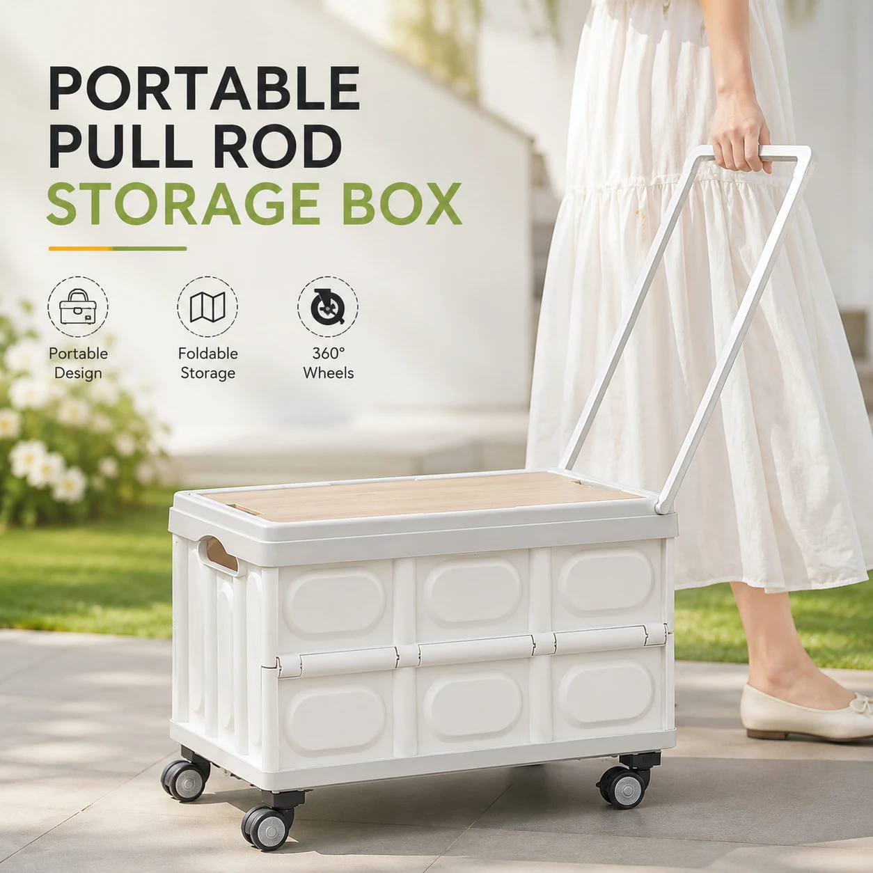 Foldable Storage Box with Wheels, Outdoor Camping Gear Box, Foldable Camping Organizer with Wooden Lid, Car Trunk Storage