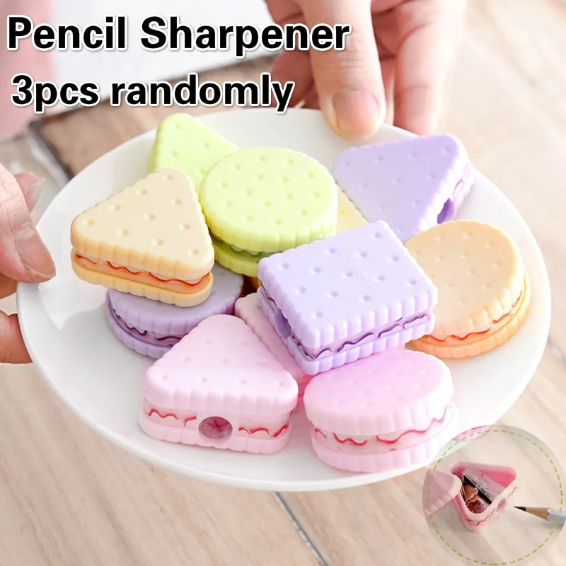 New 3Pcs Cute Biscuit Pencil Sharpener Creative Cartoon Pencil Cutter Kids Stationery Portable School Supplies Random Color