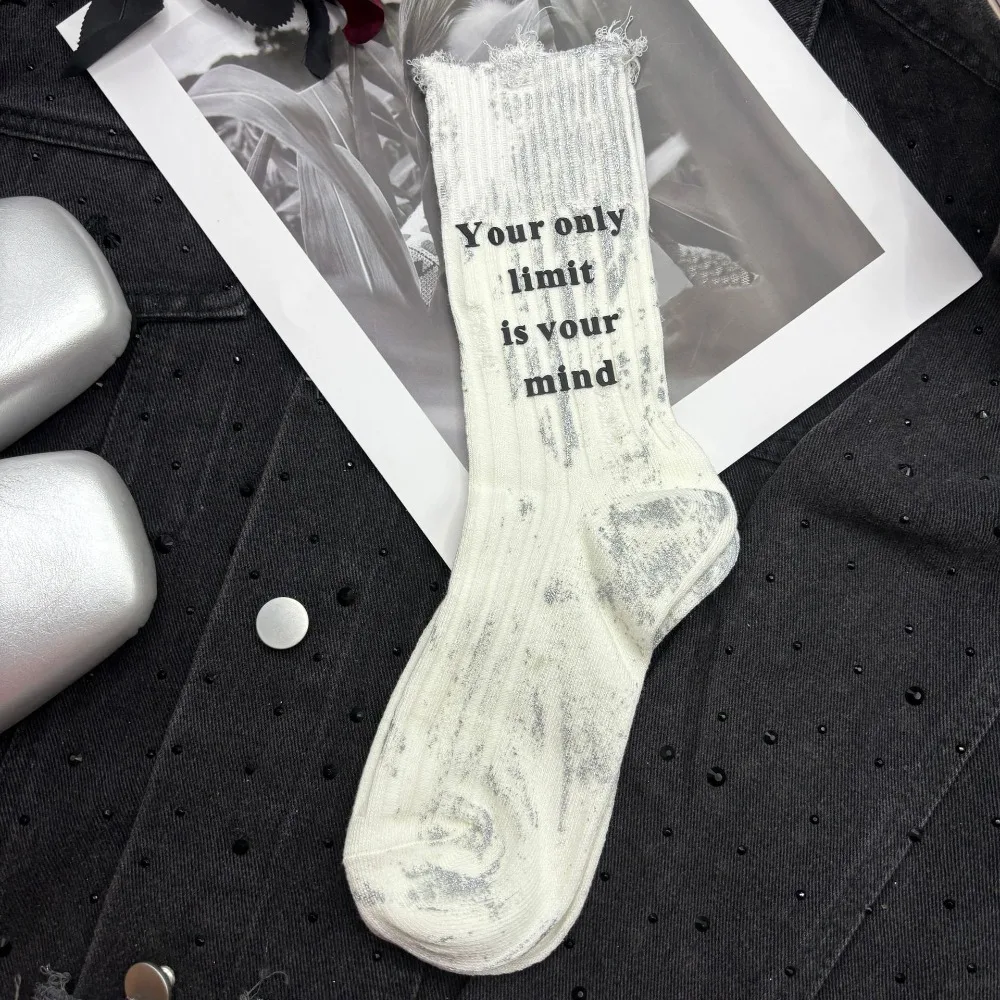 

Unique Ripped Hollow Socks Womne Letter Stripe Mid-Calf Socks Hosiery Personality Painted Cotton Socks Girl