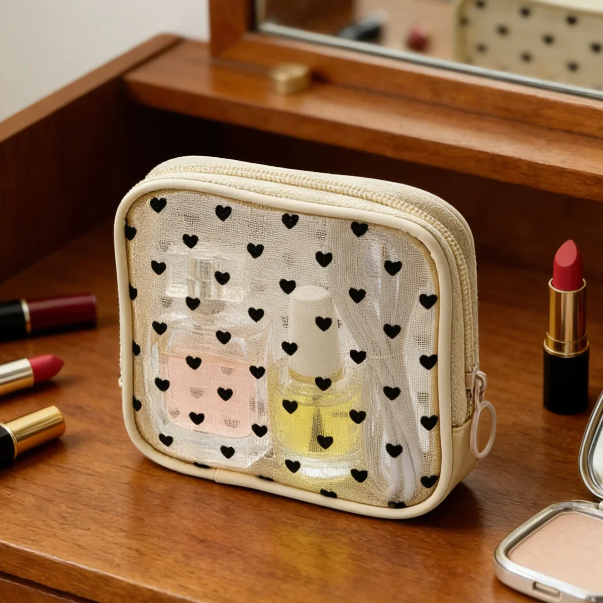 Mesh Makeup Bag Cute Nylon Mesh Storage Pouch Cosmetic Bag Women's Portable Mini Travel Data Cable Lipstick Small Storage Bag