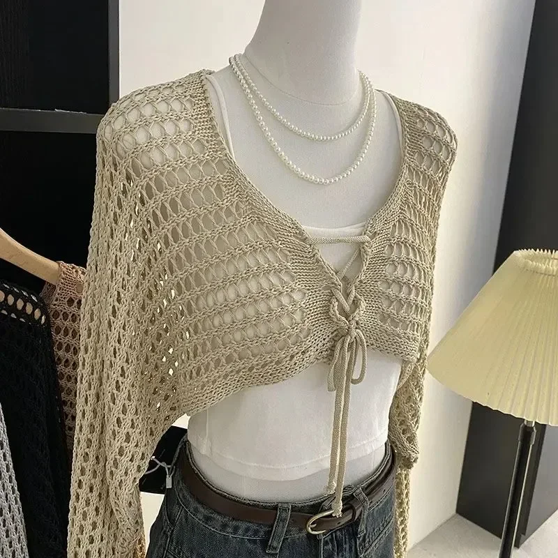 Cardigan de crochê feminino manga longa gravata frontal aberta malha superior verão praia biquíni cobrir y2k 90s roupa estética