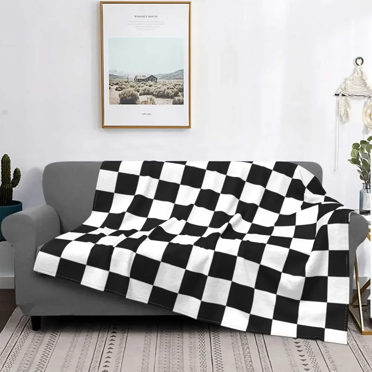 Black And White Checkerboard Pattern Blanket Comfortable Soft Flannel Autumn Geometric Tartan Throw Blanket for Sofa Car Bedroom