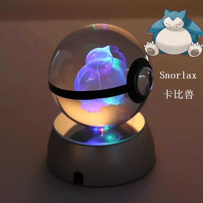 Anime Pokemon 3D Crystal Ball Snorlax Figure Pokeball Engraving Crystal Charizard Model with LED Light Base Kids Gift ANIME GIFT