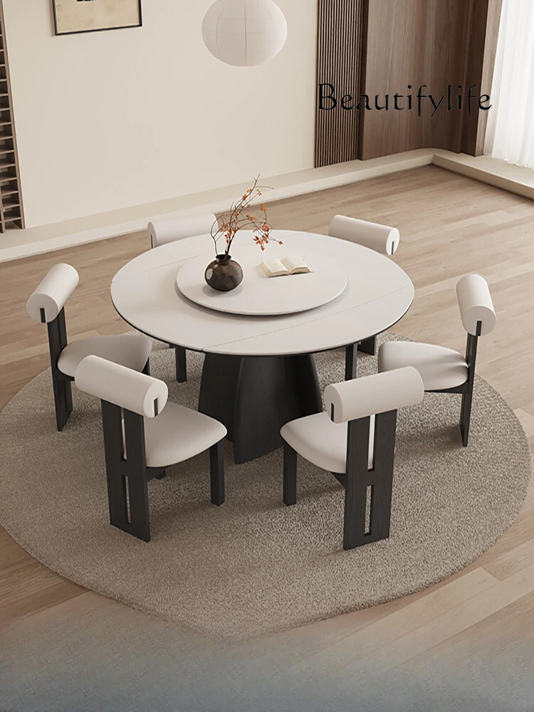 French retro retractable rock slab dining table designer square and circle dual-purpose solid wood folding dining table