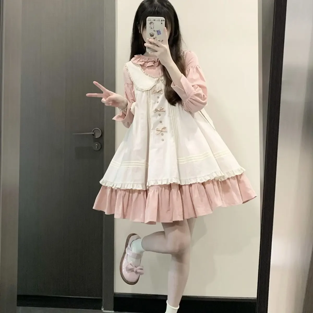 NONSAR Spring Autumn Kawaii Loltia Mini Dress Women Long Sleeve Japanese Sweet Dress Female Doll Collar Ruffles Princess Dresses