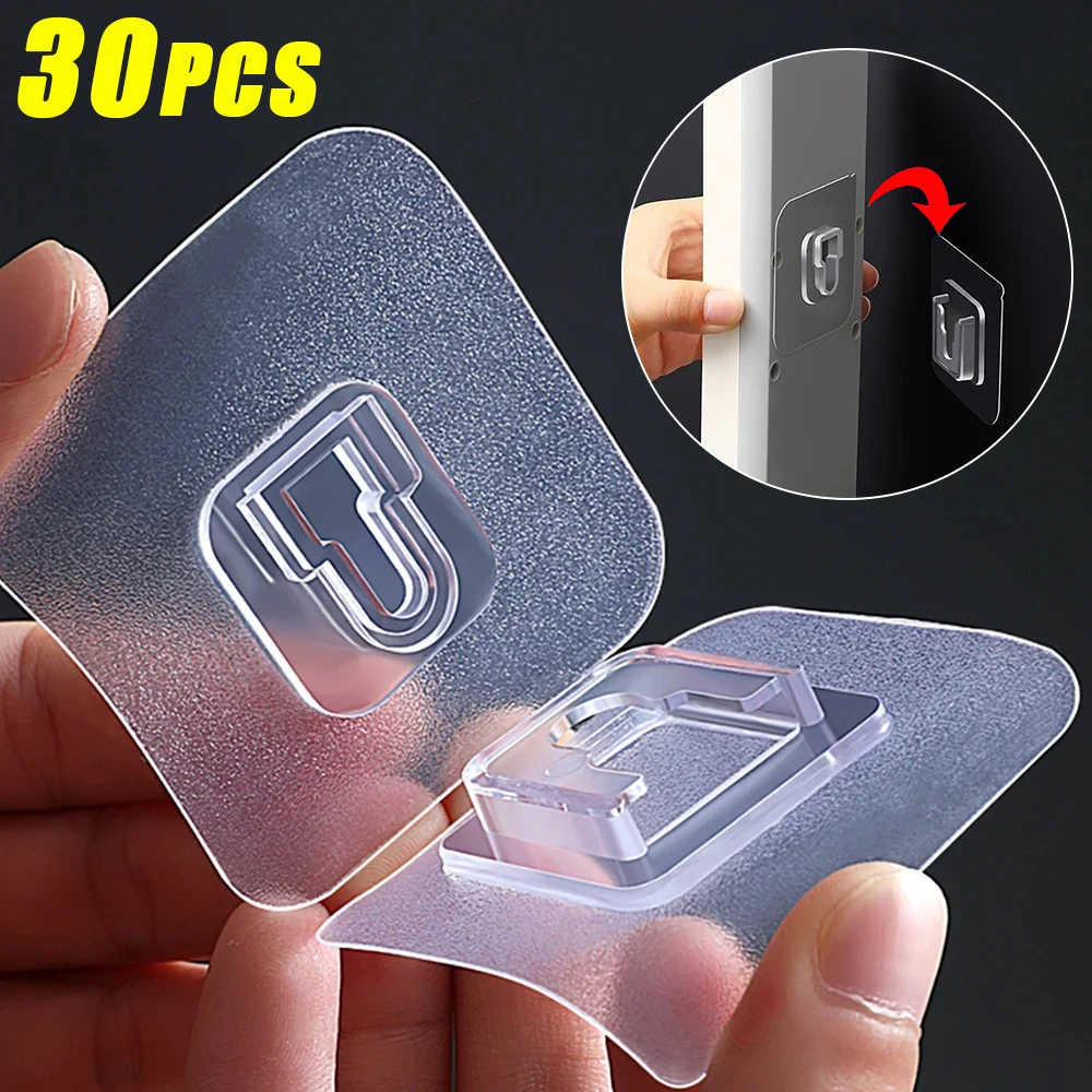 30/2Pcs Double Sided Adhesive Wall Hooks Transparent Strong Wall Mounted Wall Storage Hook Socket Holders For Bathroom Kitchen