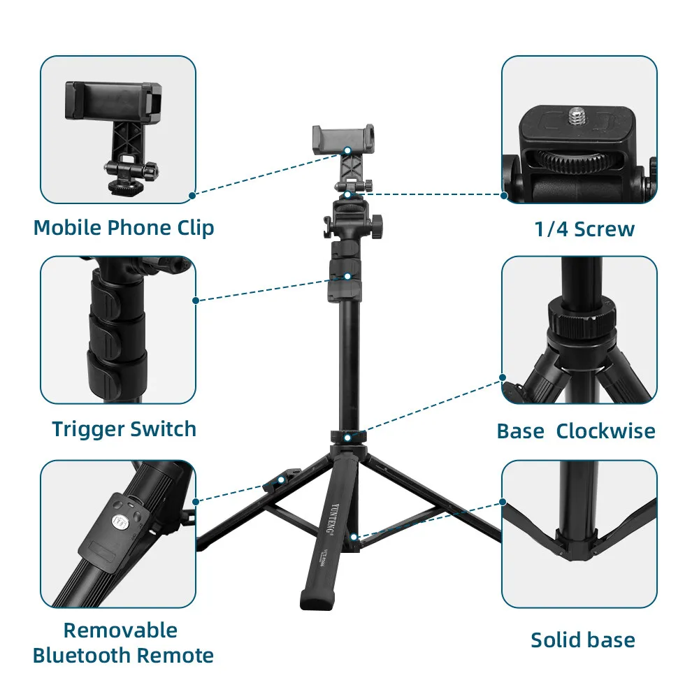 Bluetoothリモコン付きの調整可能な自撮り棒,携帯電話とカメラ用の軽量三脚,オールインワン,デジタル一眼レフ,セレフォンアクセサリー