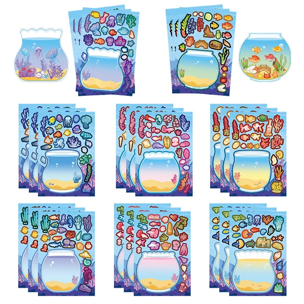 

8/16sheets Cartoon Marine Animals Fishbowl Puzzle Stickers DIY Make Your Own Fish Tank Creative Assemble Jigsaw Decals Toys Gift