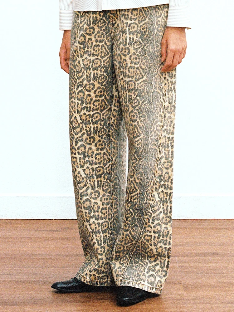 

y2K leopard print washed distressed wide-leg denim trousers 2025 new style