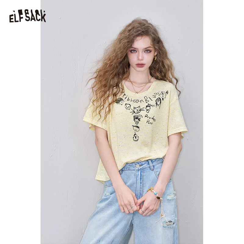 

ELFSACK Cute Cartoon Doodle Print Striped T-Shirt, Crew Neck Oversized Casual Tee, Sweet Loose Top for Women