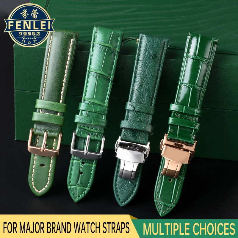 18mm 20mm 22mm High Quality Bamboo Pattern soft cowhide WatchStrap Men Butterfly Buckle Ostrich leather Green Watchband Bracelet