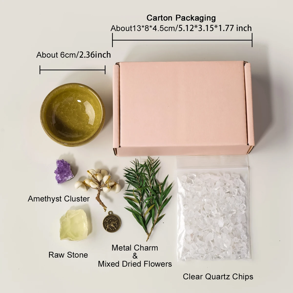 1SET Natural Crystal DIY Mini Garden Kit Chips Amethyst Cluster Dried Flower Ceramic Bowl Zodiac Charm Desktop Decor Gift Set