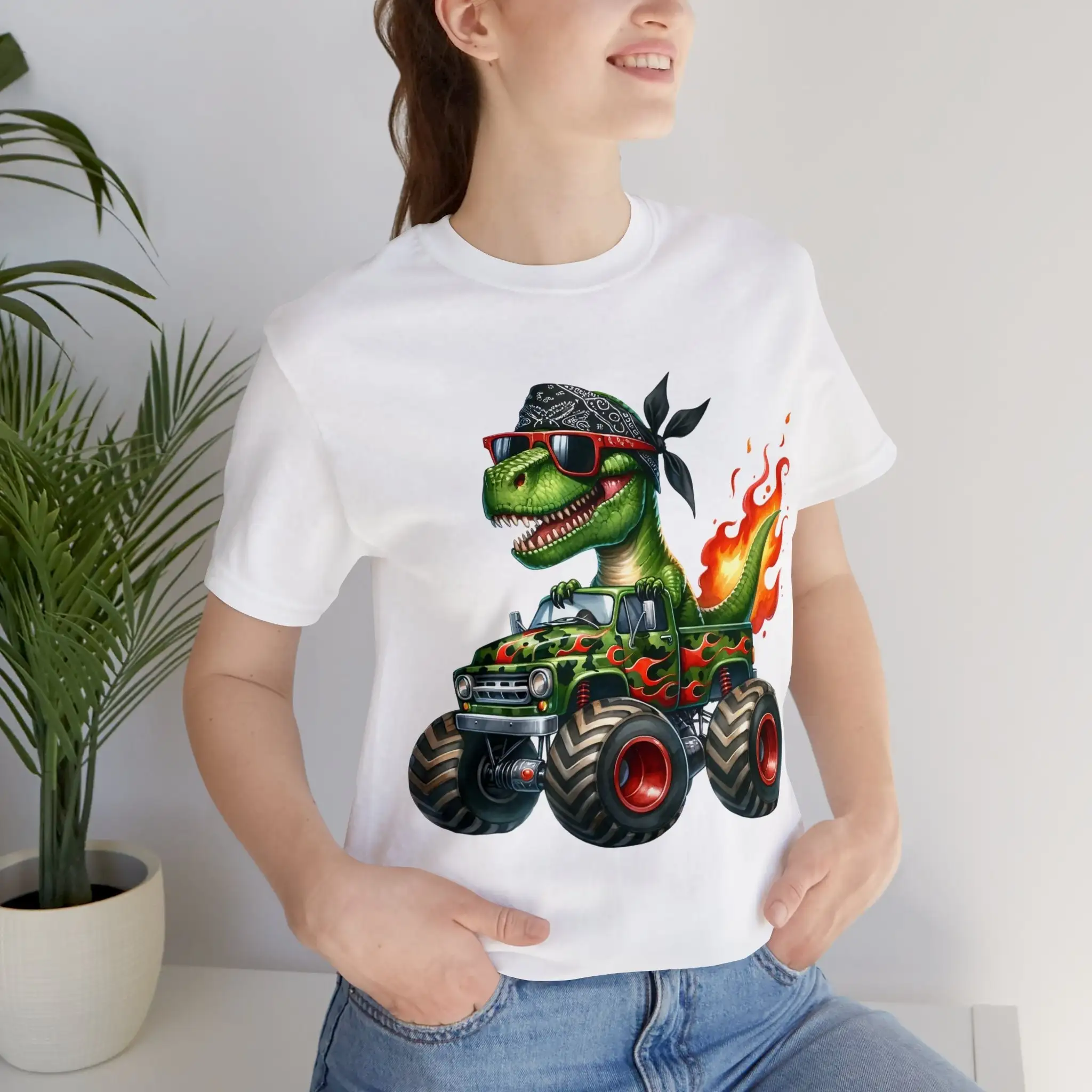 Cartoon T Rex in Monster Truck Shirt Cool Dinosaur With Sunglasses DTG Print Trendy Bandana Dino Top for Him her