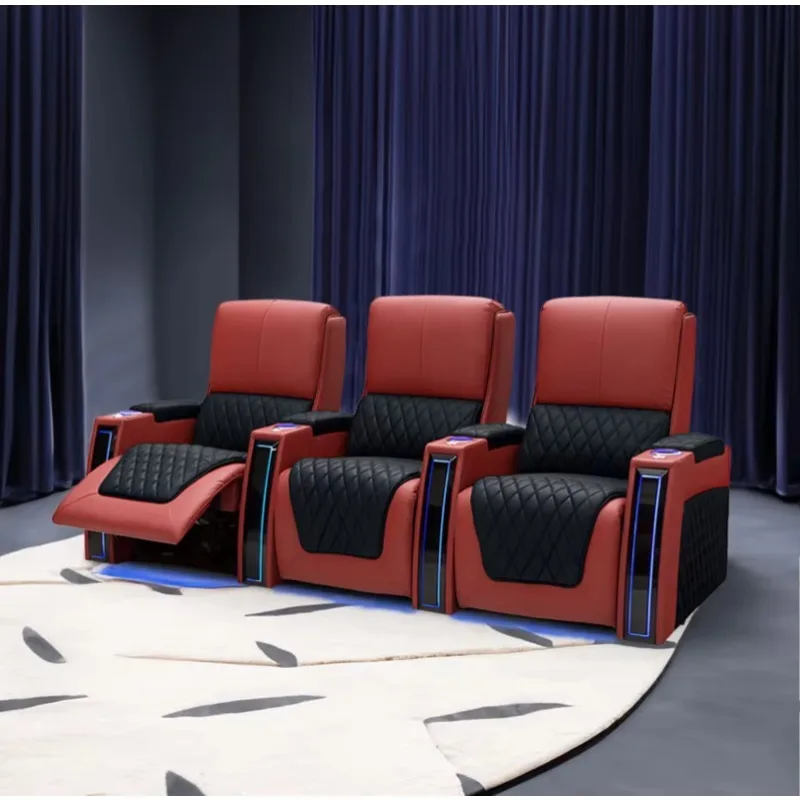 Modern Luxury Reclining Home Theater Sofa VIP Cinema Leather Furniture Power LED Lighting Wood Extendable Massage Cooling Remote