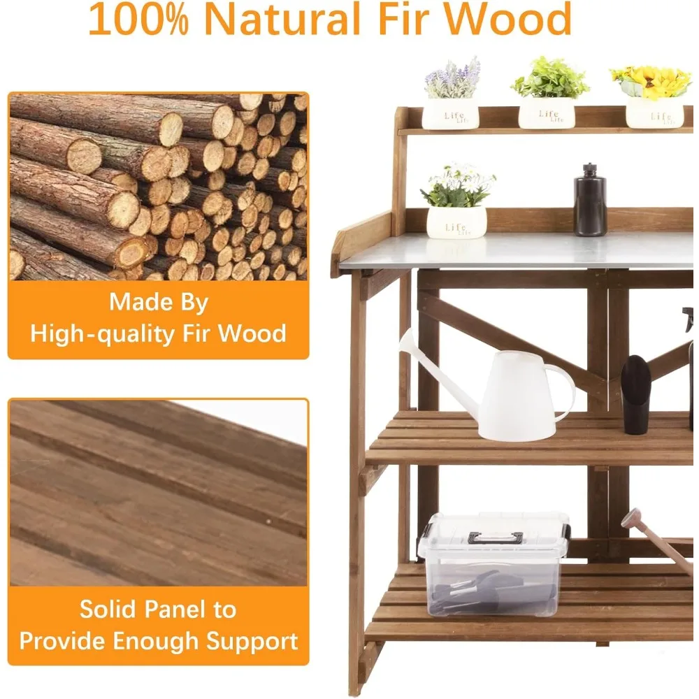 طاولة مقعد خشبية خارجية مع محطة عمل معدنية مجلفنة لزراعة الحديقة