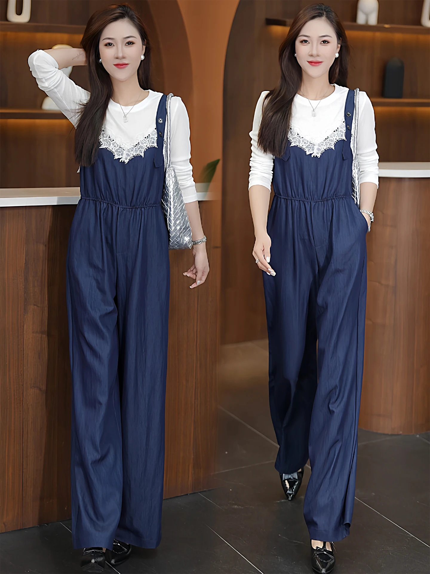 

Женские джинсовые комбинезоны, длинная футболка с кружевом, комплект из двух предметов, весна-осень, новинка, модная повседневная одежда