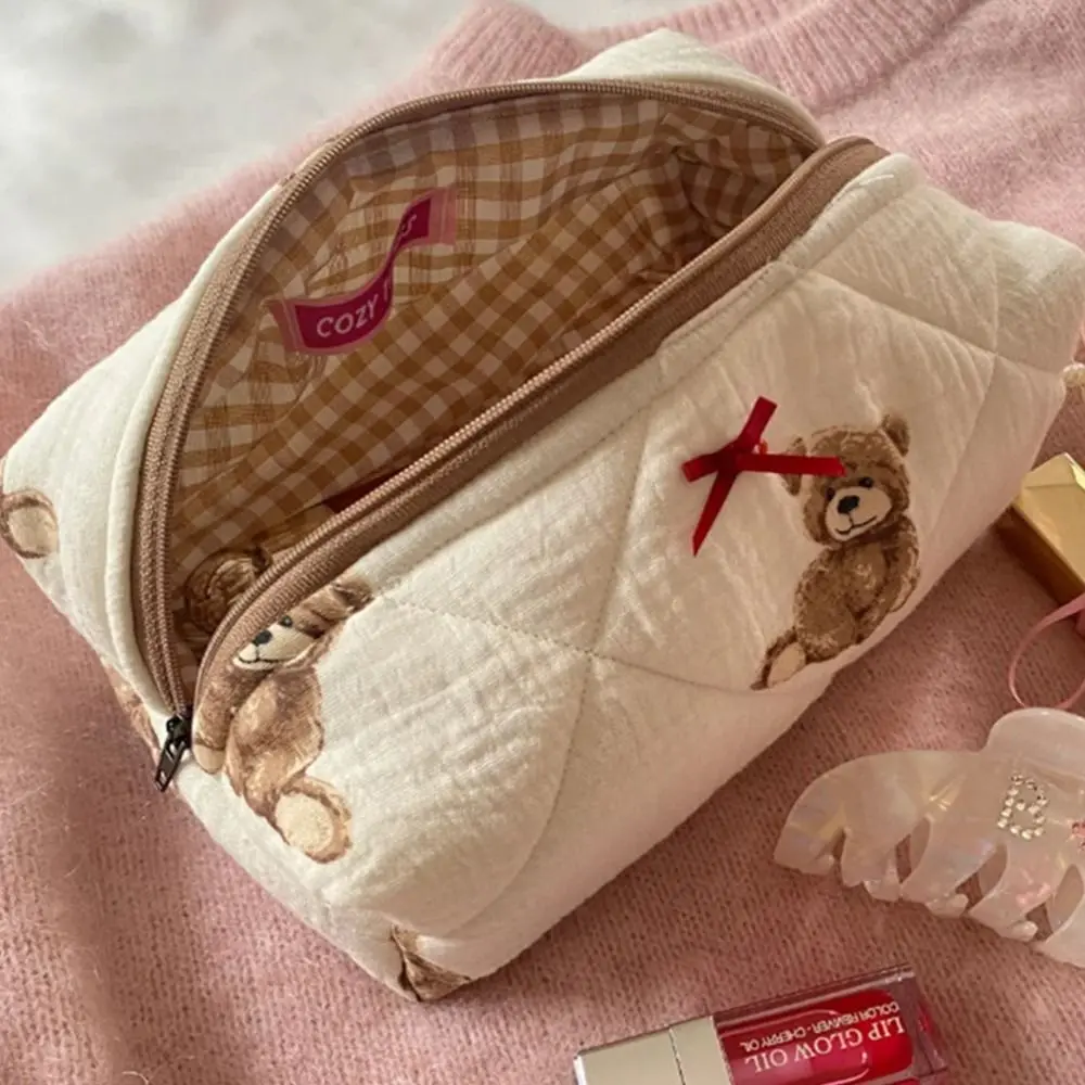 Borsa per il trucco trapuntata in cotone accessori per bricchette borsa per il trucco Organizer borsa per il trucco da viaggio con orso carino borsa