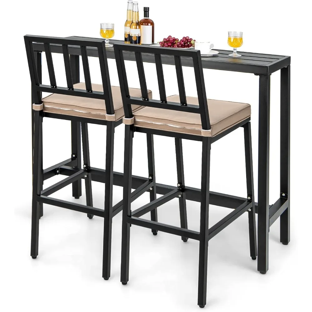

Outdoor Patio Bars Set, 48" Rectangular Pub Height High Top Bar Table with 2 Cushioned Bars Stools, Metal Bar Table
