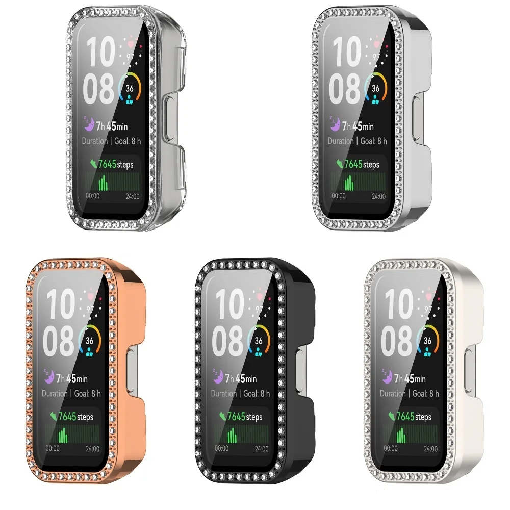 

Case Cover and Tempered Glass Screen Protector For Huawei Band 10 10NFC 9 9 NFC 8 8NFC Frame High Quality PC Single row diamond