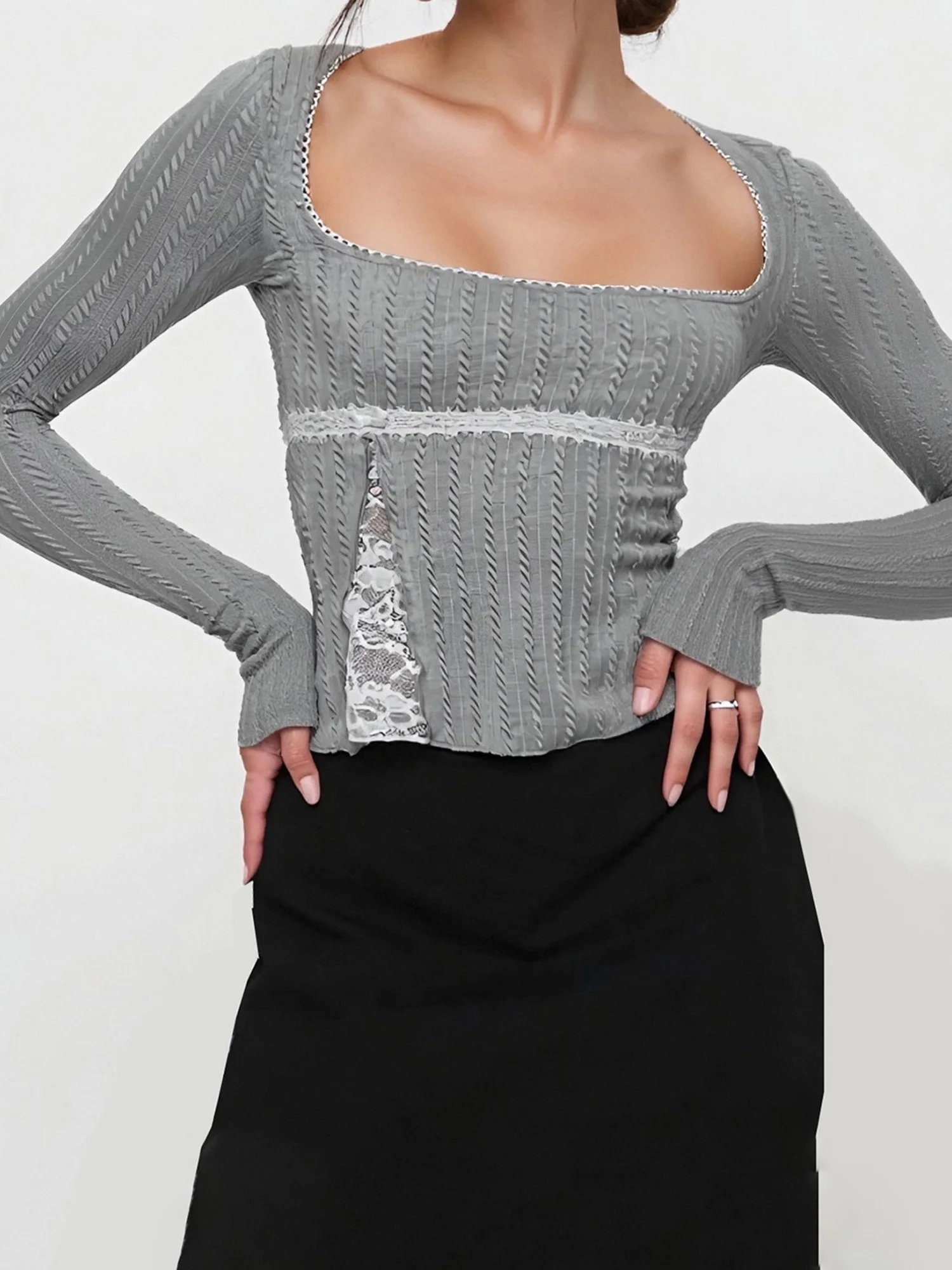 Hauts élégants en dentelle pour femmes, chemisiers élégants à manches longues et col rond avec Design de couleur unie pour une mode ajustée