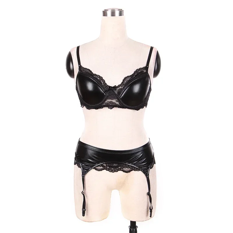 Women Lingerie Sets Lace Vinyl Leather Push Up Bra Low Waist Panties G String Ladies Suspender Wet Look Erotic Underwear - Image 6