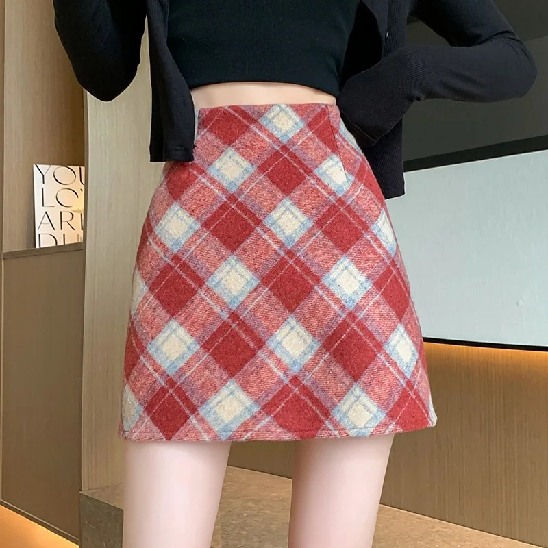 Checked Skirt Women - Autumn Winter High-Waisted Slimming Wool Blend Vintage A-Line Skirt Petite Women Versatile Short Skirt