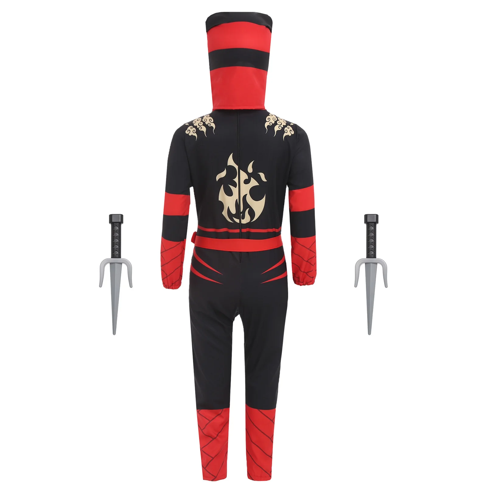 소년 소녀 닌자 인쇄 코스프레 의상 일치하는 머리 장식 허리 벨트와 닌자 칼 장난감이있는 보이지 않는 지퍼 점프 슈트