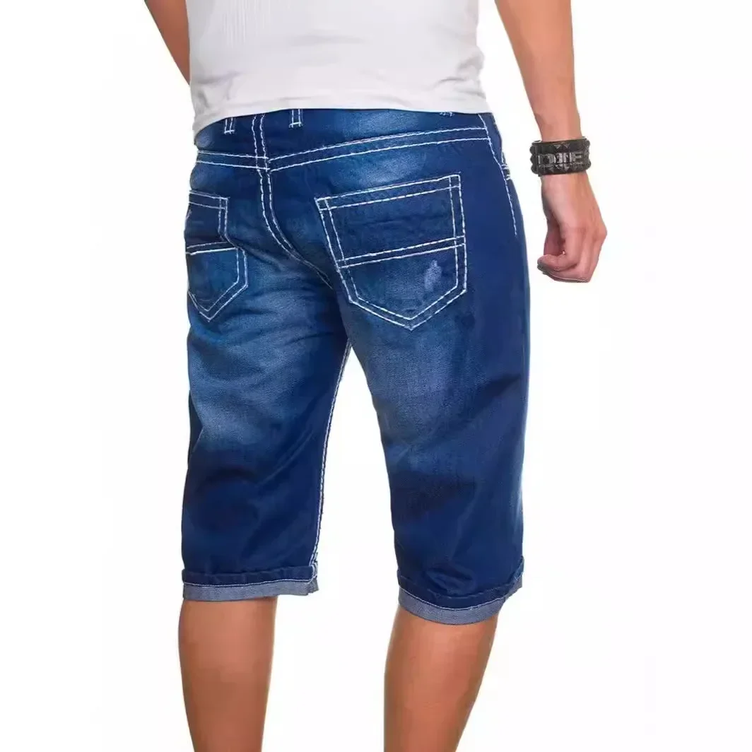 Summer New Fashion Men's Casual Trendy Blue Solid Color Elastic Skinny Jeans Shorts Slim Denim Knee Length Pants Slim Streetwear