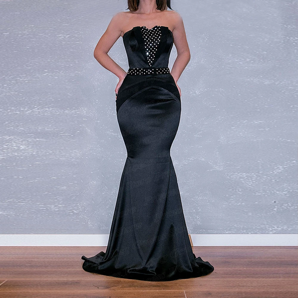 Customized Elegant Balck Satin Mermaid Prom Dresses For Woman Sleeveless Strapless With Bead Floor Length Evening Party Gown Cel