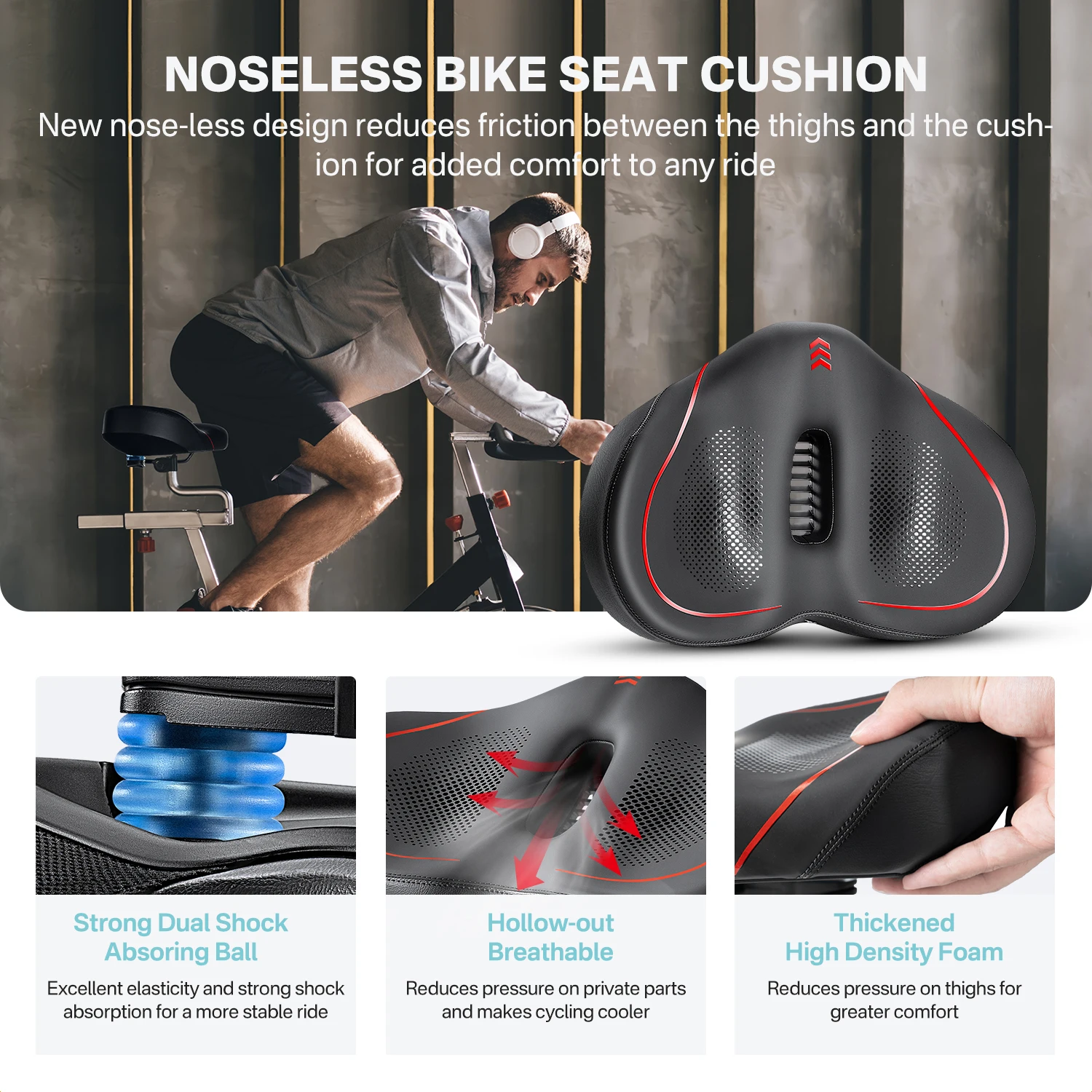 YOUNGDO Noseless Oversize Bike Seat Cushion Cycling Wide Bicycle Saddle for Peloton Stationary Exercise Bike Ebike City Bike