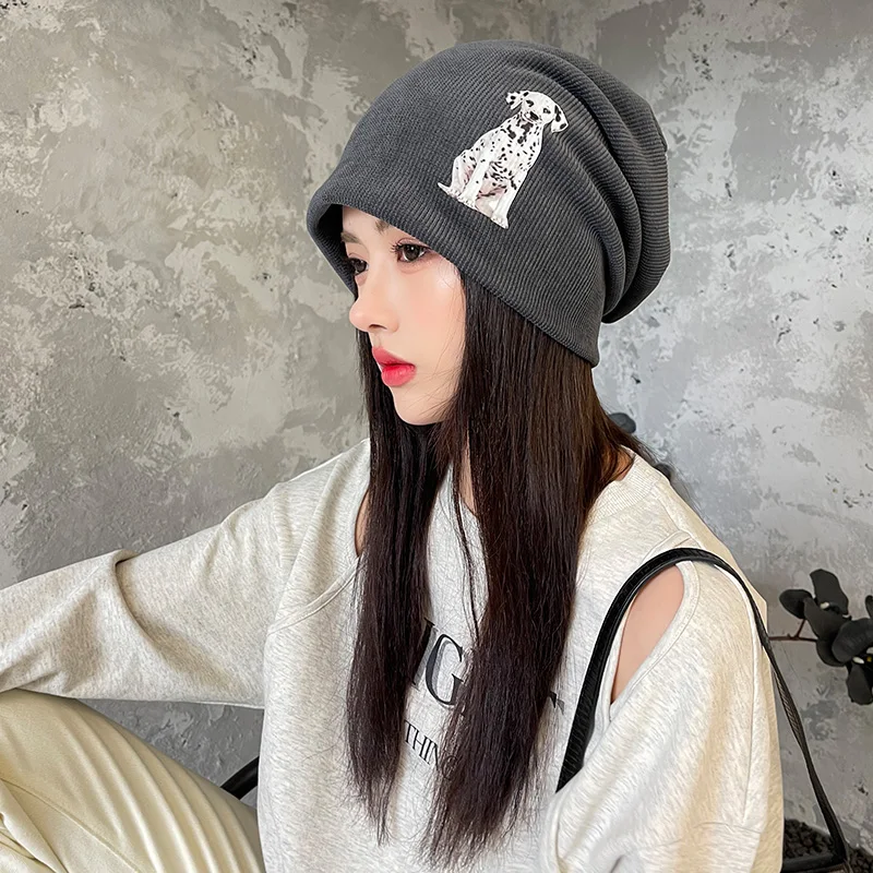 New Autumn Women's Rib Beanie Hats Casual Cotton Dog Print Slouchy Beanies for Mens Knitted Soft Warm Skullies Beanies