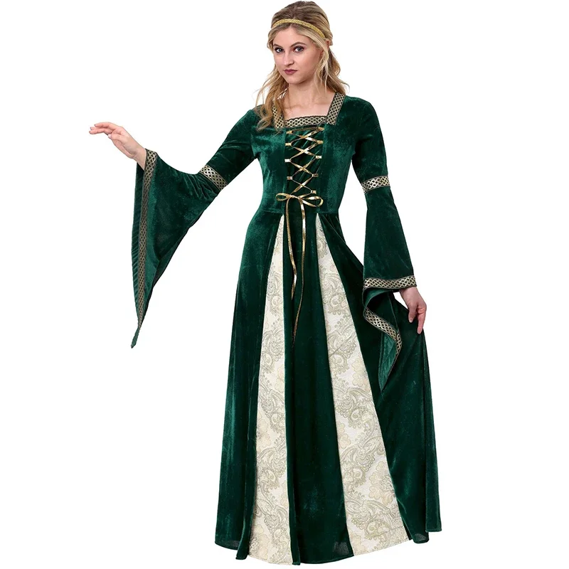Halloween Adult Medieval Royal Retro Court European Queen Dress Stage Performance Dark Green Disguise Noble Princess Costume