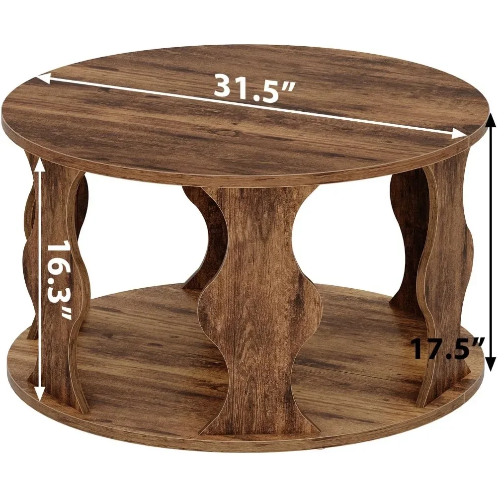 Rustic Brown Circle Center Table with Storage, Farmhouse Wooden Living Room Coffee Tea Tables in Sm，Round Wood Coffee Table