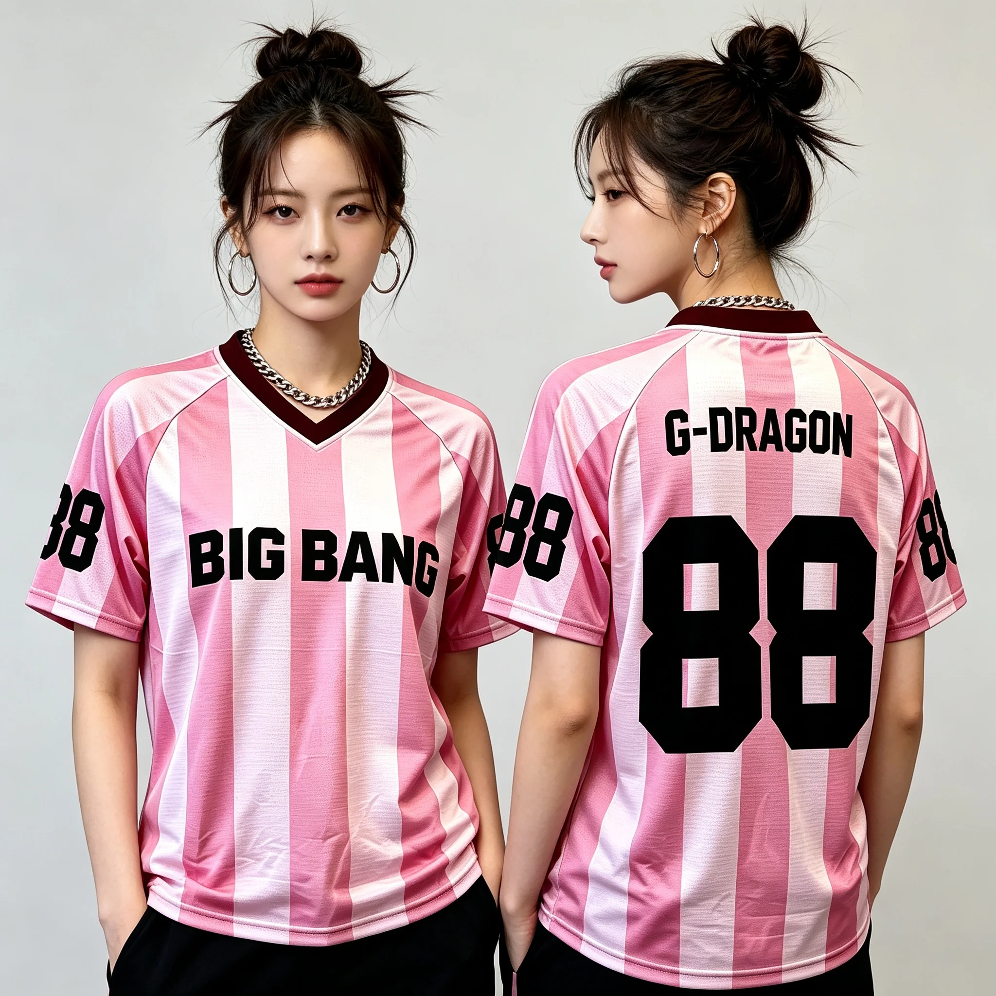 2026 BIGBANG 20th Anniversary Pink White Vertical Stripe V Neck Jersey Kpop Short Sleeve Loose Sports Shirt Men Women Casual Top
