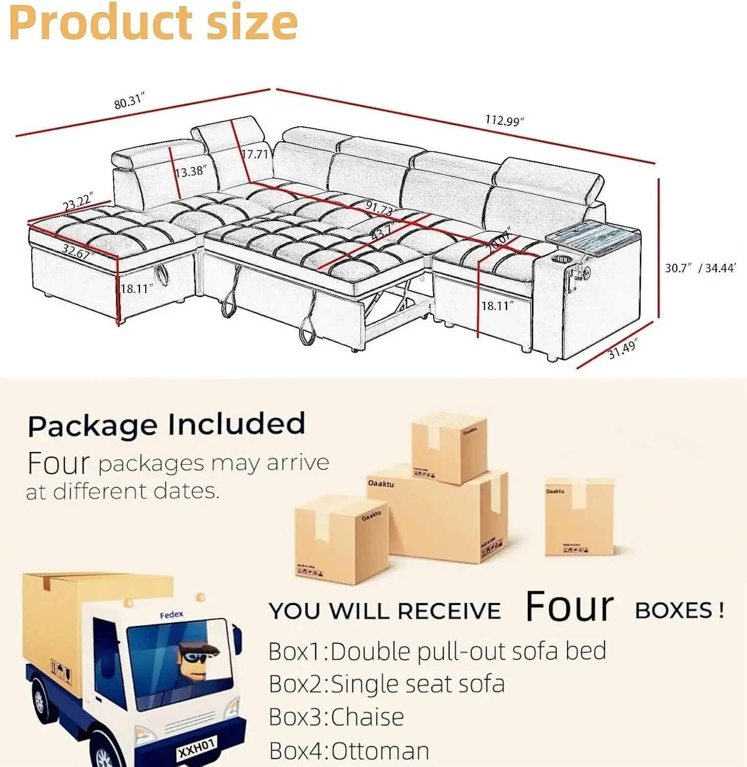 113 inch Ultra-fine Fiber Segmented Sleeper Sofa with Pull-Out Bed,  with Adjustable headrests and Degree Rotating Side Table