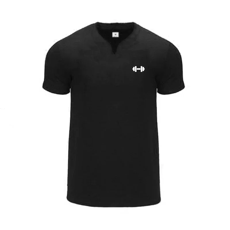 Summer Dumbbell Design Elastic Slim Fit Shirts Mens Running Short Sleeve V-neck T-shirts Gym Sports Fitness Quick Dry Clothing