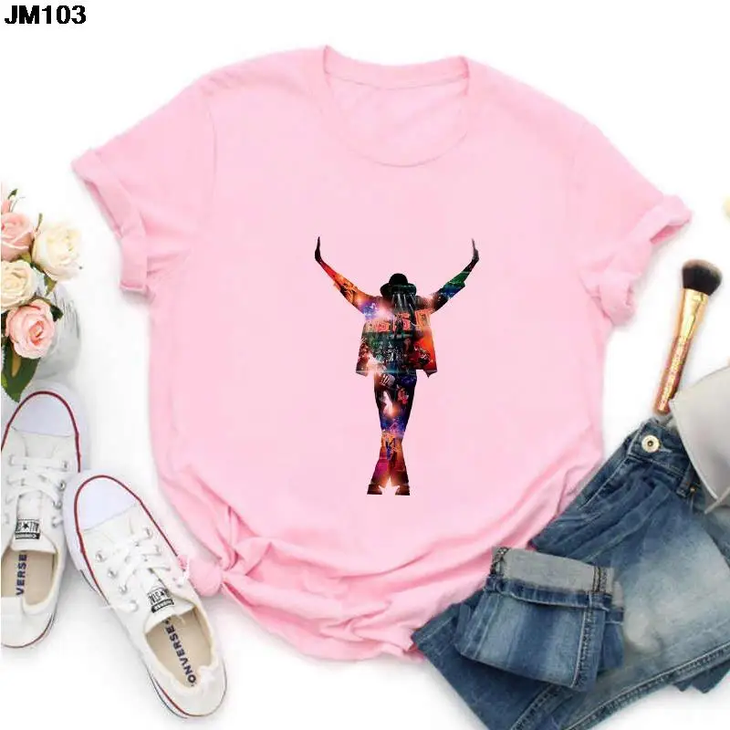 Harajuku Fashion Pink Female Clothing Tshirt King Of Music Pop Michael Jackson Print T-shirt Summer Women's Short Sleeve T Shirt