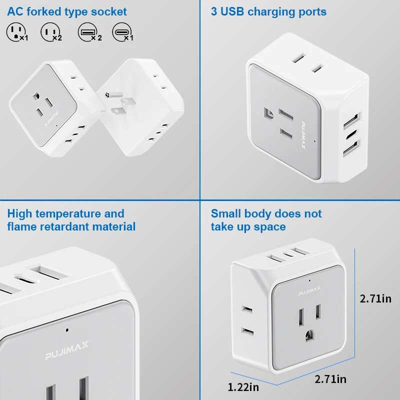 PUJIMAX US Surge Protector,3 Outlet With 3 USB Power Strip Multi Tap Plug Electrical Charge Adapter,Miniature Plug Wall Adapter