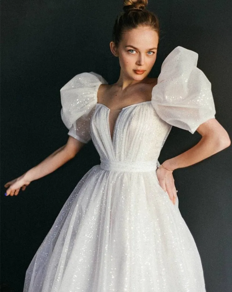 Vestido de casamento brilhante lantejoulas com manga curta Puff, vestidos de noiva princesa, personalizado, querida, 2024