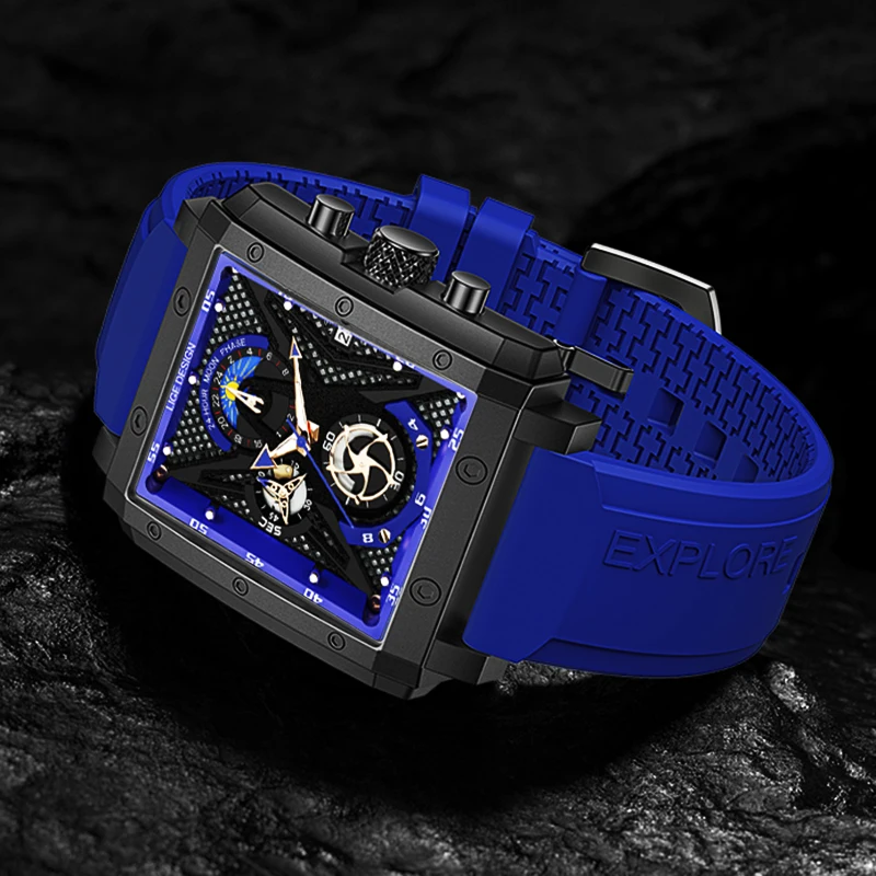 LIGE 남성용 실리콘 쿼츠 시계, 방수 크로노그래프, 24 시간 달 위상 시계 및 박스, 탑 브랜드 럭셔리, 새로운 패션