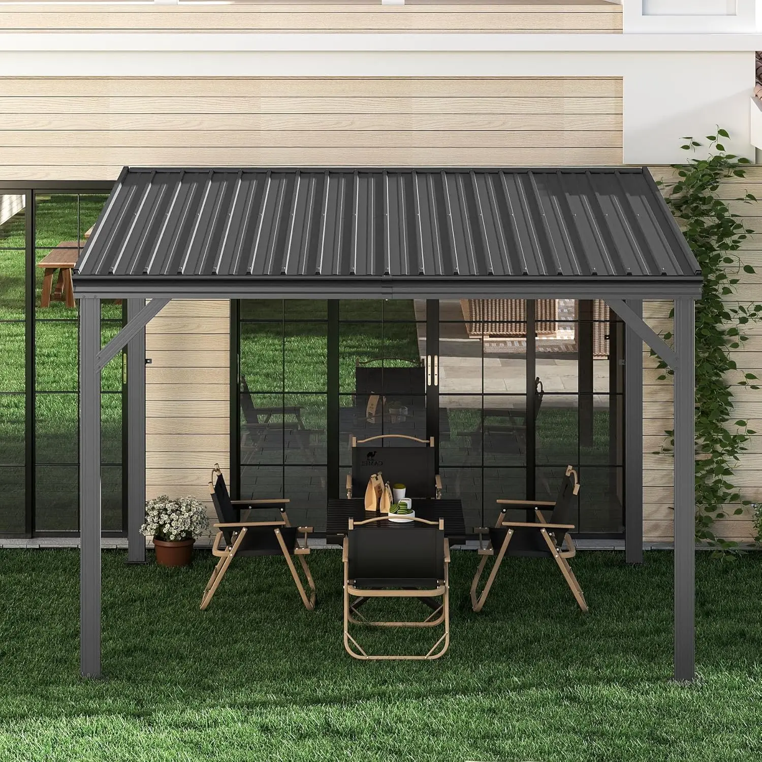 10'x12' Wall Mounted Hardtop Gazebo, Connectable Lean To Pergola with Gutters & Galvanized Steel Roof,Heavy Duty Metal Awning