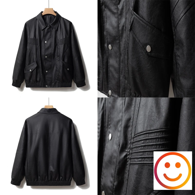 Tide Retro Lapel PU Leather Biker Casual Jacket Functional Wind Black Workwear Jacket Flap Pocket Metal Buckle for Men Women