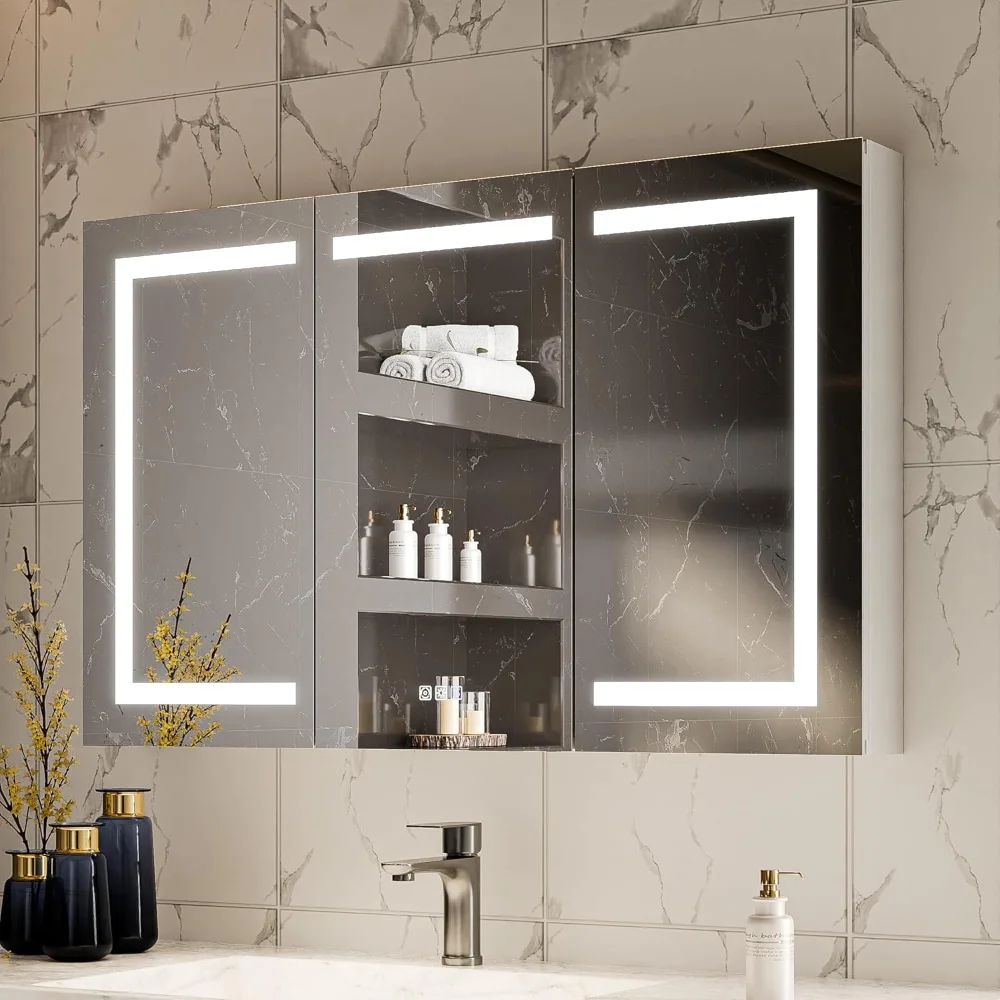 

Lighted Medicine Cabinet with Mirror, 48" x 30" LED Medicine Cabinet Mirror for Bathroom with Built-in High-Power Outlet