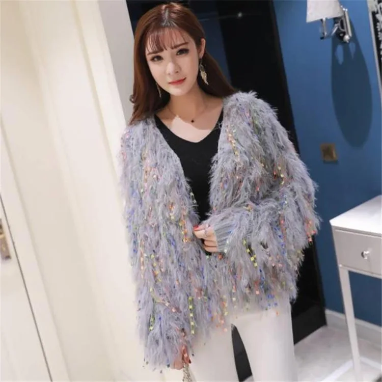 

Autumn Winter New Shiny Sequins Colorful Metallic Tassel Sweater Cardigan Women 2022 Fashion Streetwear Knitted Loose Fur Coat