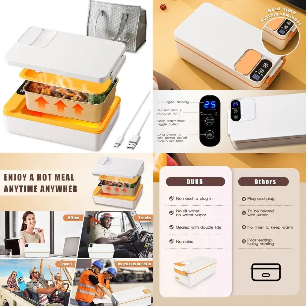 

Портативный электрический ланч-бокс, емкость 1 л, перезаряжаемый подогреватель еды для автомобиля, офиса, домашнего использования, не требуется воду, изолированная сумка