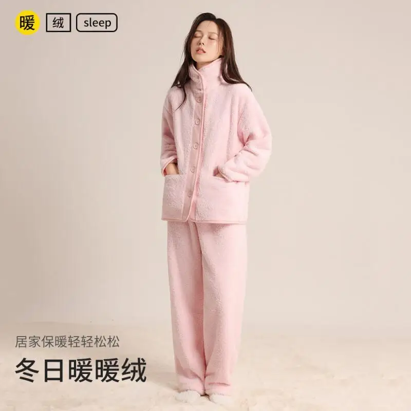 

Женские пижамы из кораллового флиса, осень-зима, удобная одежда для сна, домашняя одежда, утепленная хлопковая пижама на флисовой подкладке, кардиган, домашняя одежда