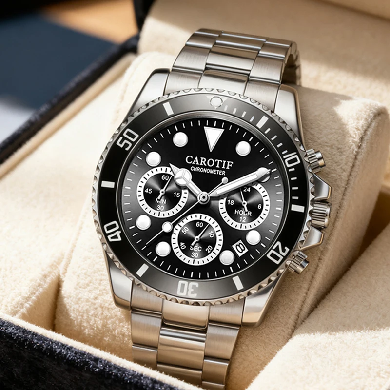 

Стильные мужские серебряные и черные повседневные кварцевые часы с тремя циферблатами и календарем со стальным ремешком.