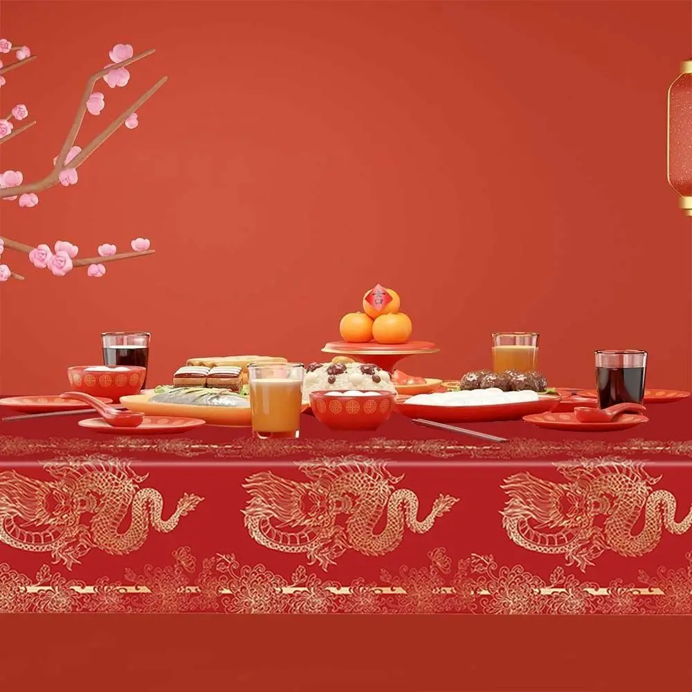 

Plastic Chinese New Year TableCover Bronzing Red Lunar New Year Tablecloth Chinese Style Disposable Spring Festival Tablecloth